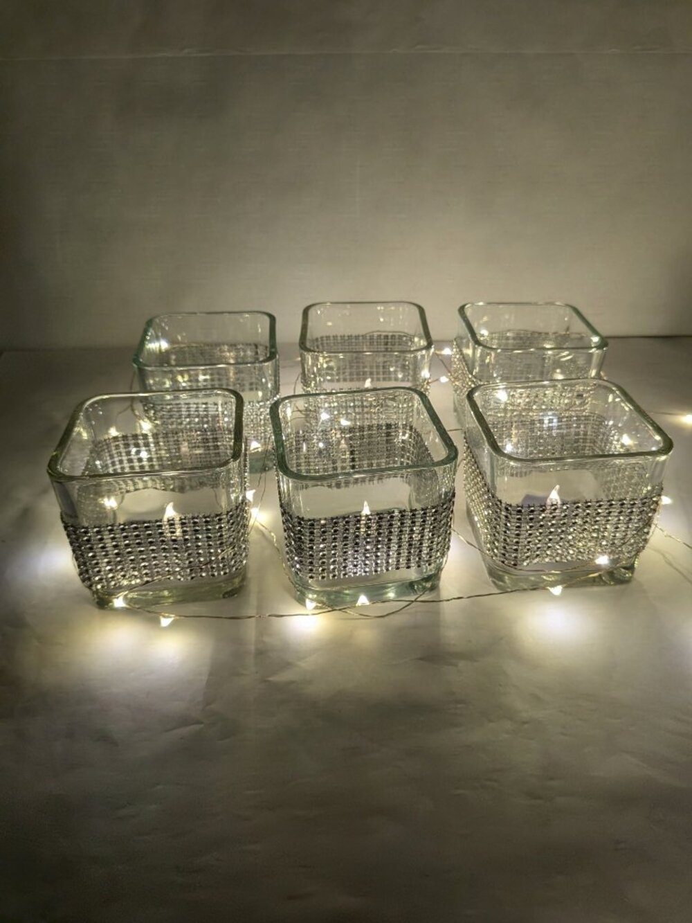Set of 6 Heavy Glass Square Votive Candle Holders Rhinestone Diamond Mesh Wrap